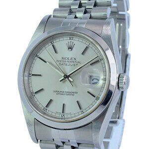 ROLEX DATEJUST SILVER INDEX DIAL STAINLESS STEEL SMOOTH JUBILEE WATCH 36MM 16200
